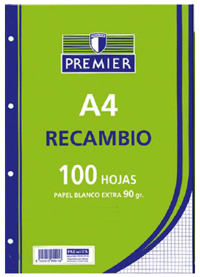 Recambio Din-A4 100 hojas 90 grs 4 taladros plantados Cuadrícula 4mm con margen