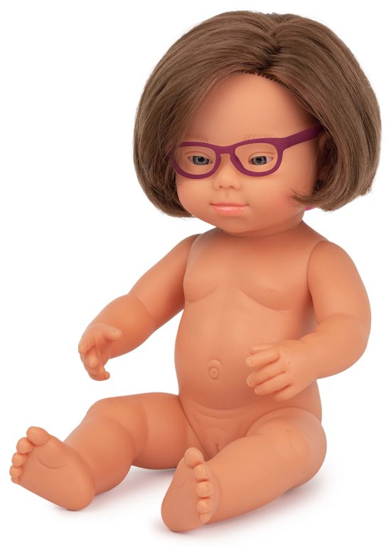 Baby síndrome down caucásico niña 38 cm gafas